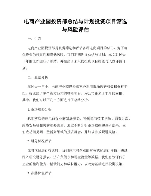 电商产业园投资部总结与计划投资项目筛选与风险评估