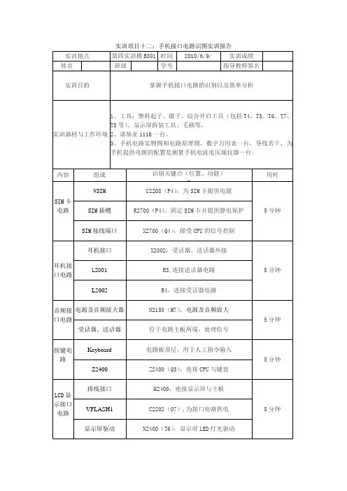手机维修实训项目十二：手机接口电路识图实训报告1