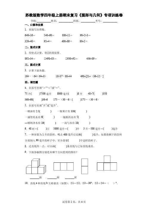 苏教版数学四年级上册期末复习《图形与几何》专项训练卷及答案2
