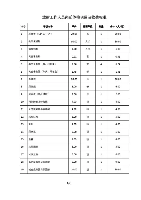放射工作人员岗前体检项目及收费标准