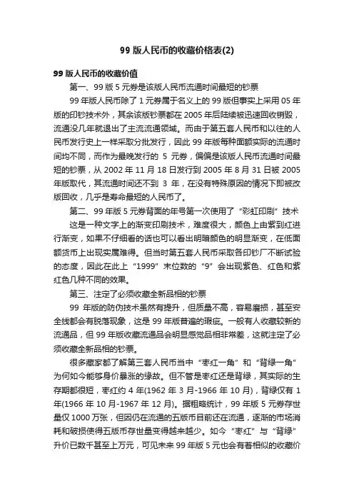 99版人民币的收藏价格表（2）