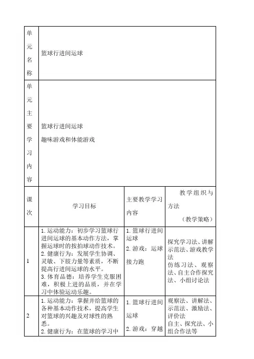 小学体育与健康四年级篮球行进间运球大单元教学计划集体备课