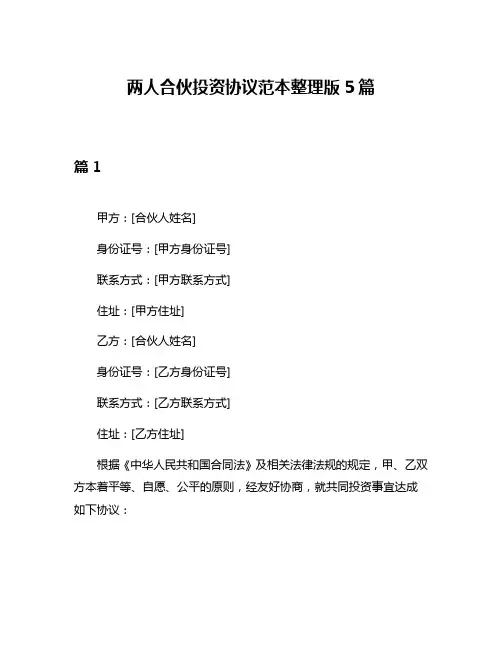 两人合伙投资协议范本整理版5篇