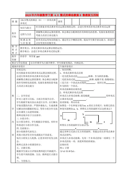 2019年六年级数学下册 6.5 整式的乘法教案3 鲁教版五四制