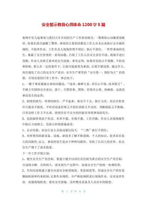 安全警示教育心得体会1200字5篇