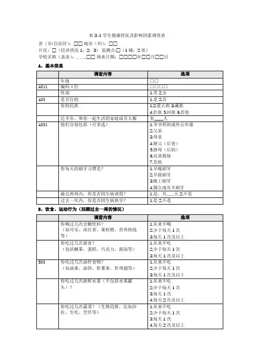 学生健康状况及影响因素调查表小学版