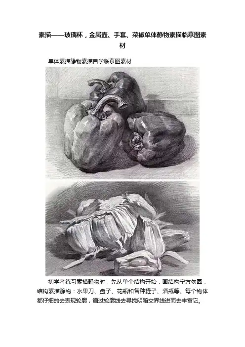 素描——玻璃杯，金属壶、手套、菜椒单体静物素描临摹图素材