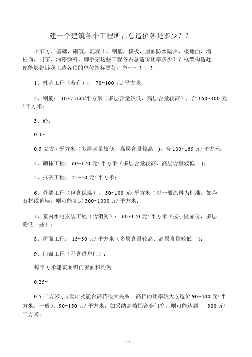 建筑各个工程所占总造价比例