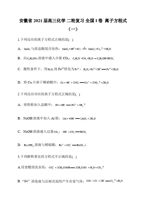 安徽省2021届高三化学 二轮复习 全国I卷  离子方程式(一)
