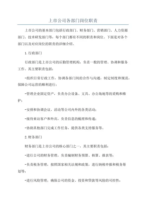 上市公司各部门岗位职责