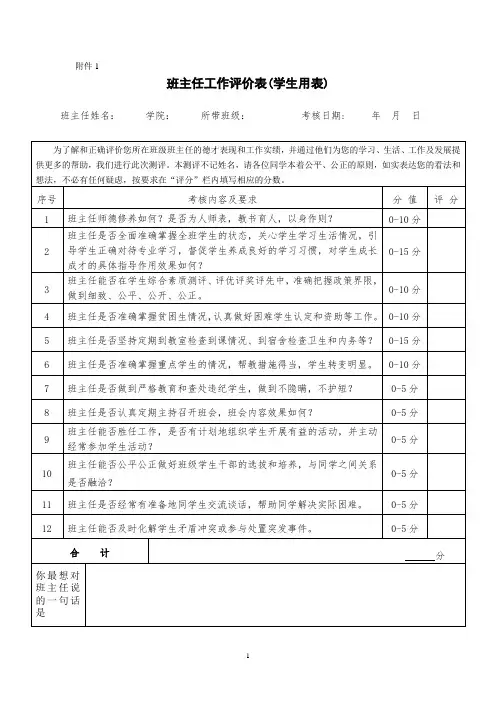 班主任工作评价表(学生用表)