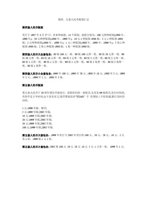第四、五套人民币版别
