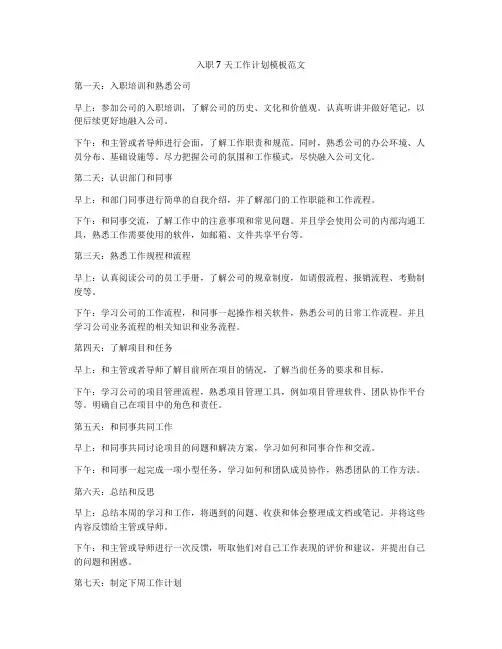 入职7天工作计划模板范文