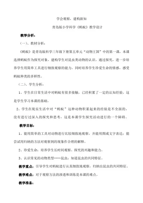 青岛版小学科学《蚂蚁》教学设计