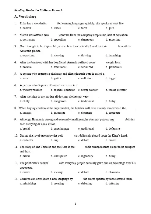 大学英语泛读教程4(第三版)期中期末试卷Reading Master 1_Midterm Exam A