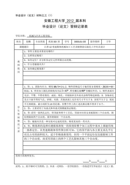 毕业设计(论文)答辩记录表