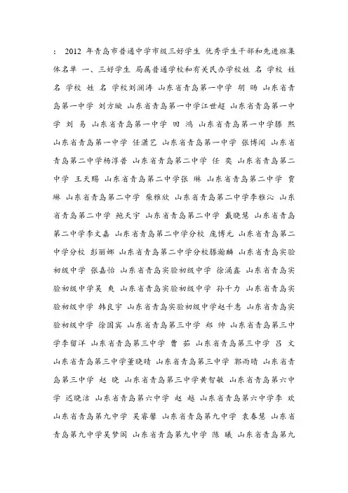 2012年青岛市普通中学市级三好学生