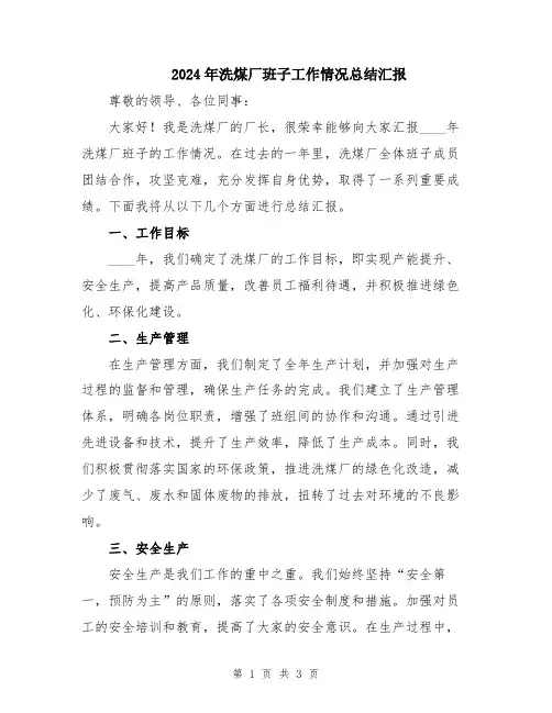 2024年洗煤厂班子工作情况总结汇报