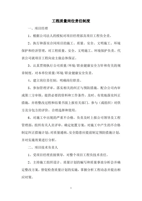 工程质量岗位责任制度