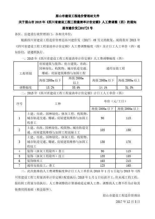 关于眉山市2015年《四川省建设工程工程量清单计价定额》人工费调整(四)的通知