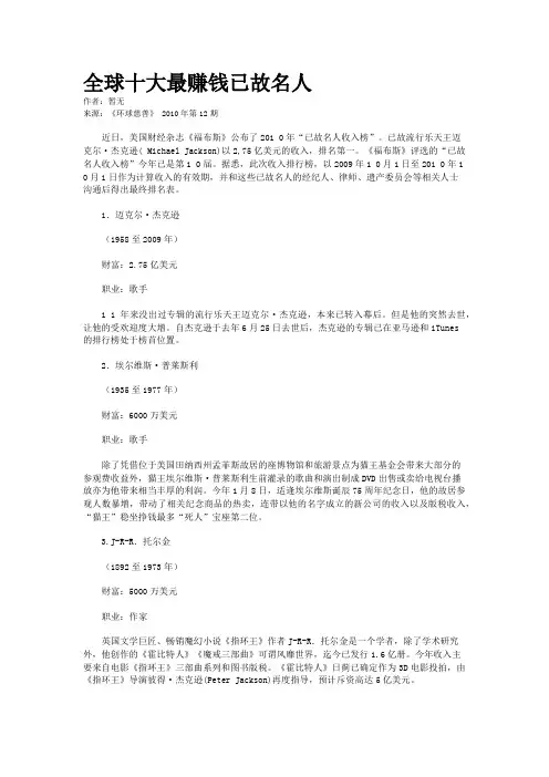 全球十大最赚钱已故名人