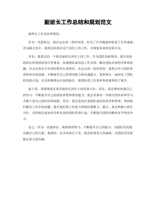 副班长工作总结和规划范文