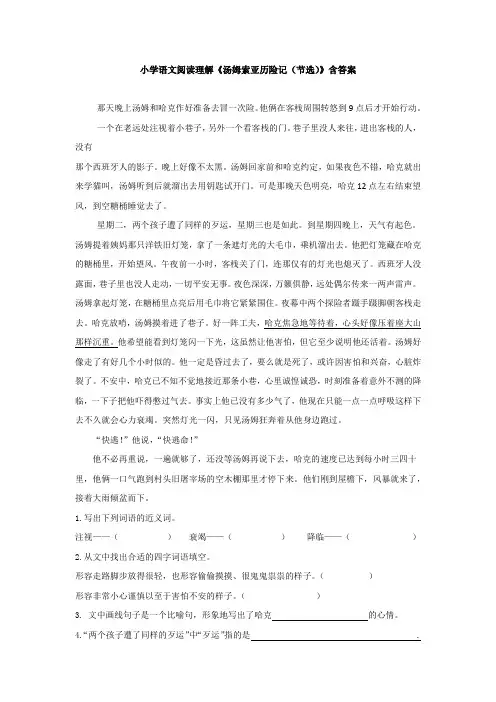 小学语文阅读理解《汤姆索亚历险记(节选)》含答案