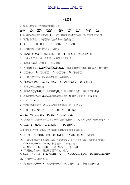初中化学化合价练习题