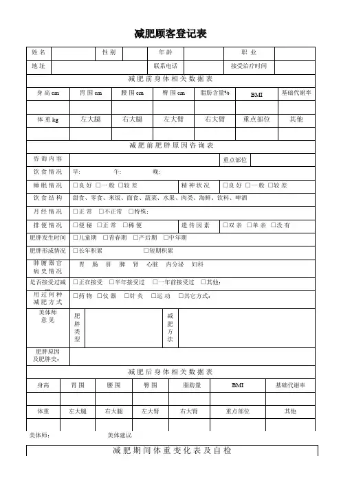 减肥顾客登记表