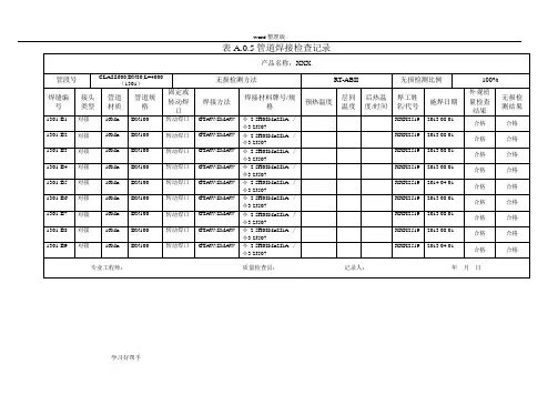表A.0.5管道焊接检查记录文本
