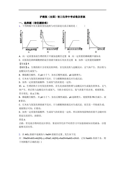 沪教版(全国)初三化学中考试卷及答案