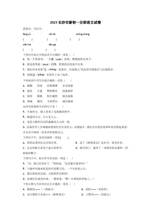 2023长沙市新初一分班语文试卷