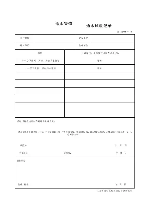 苏SN2.7.2给水管道通水试验记录