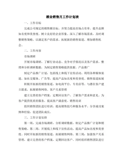 酒业销售月工作计划表