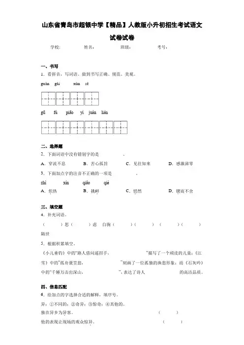 人教版小升初招生考试语文试卷试卷(含答案解析)