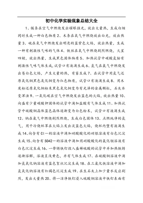 初中化学实验现象总结大全