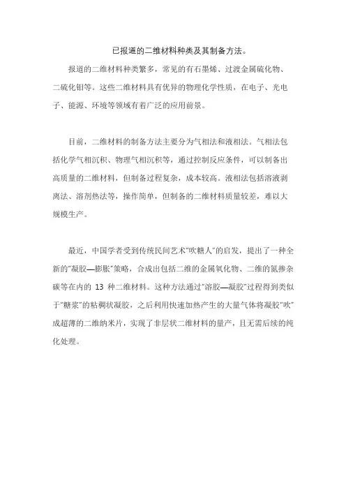 已报道的二维材料种类及其制备方法。