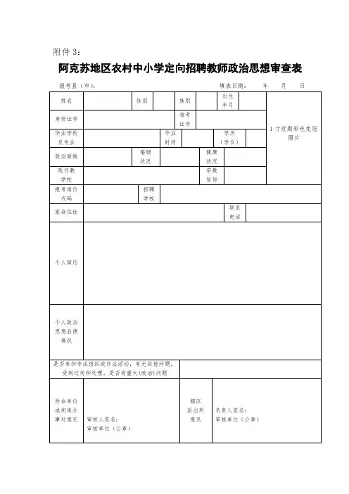 阿克苏地区农村中小学定向招聘教师政治思想审查表
