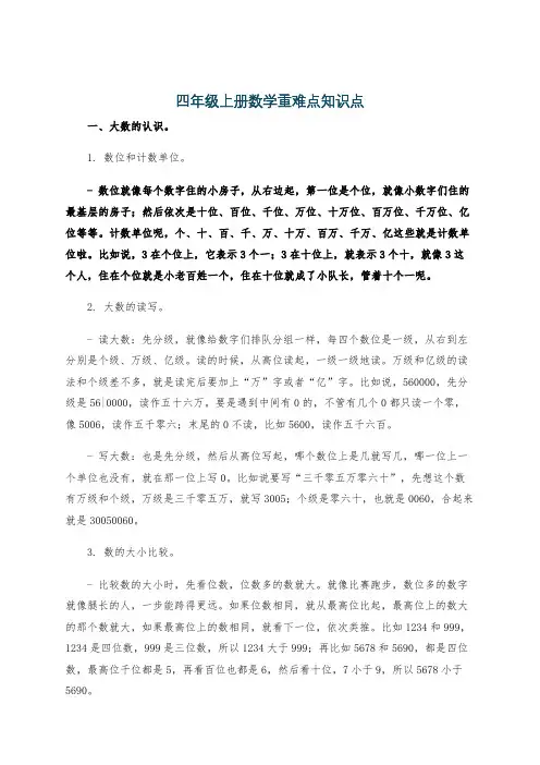 四年级上册数学重难点知识点