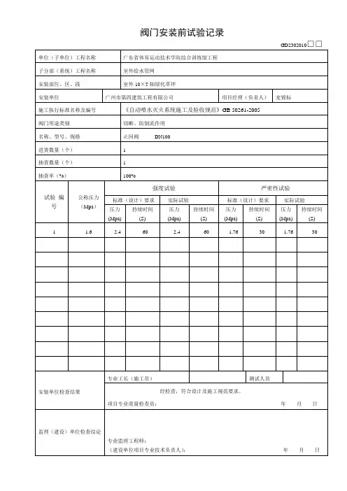 阀门安装前试验记录(喷淋)