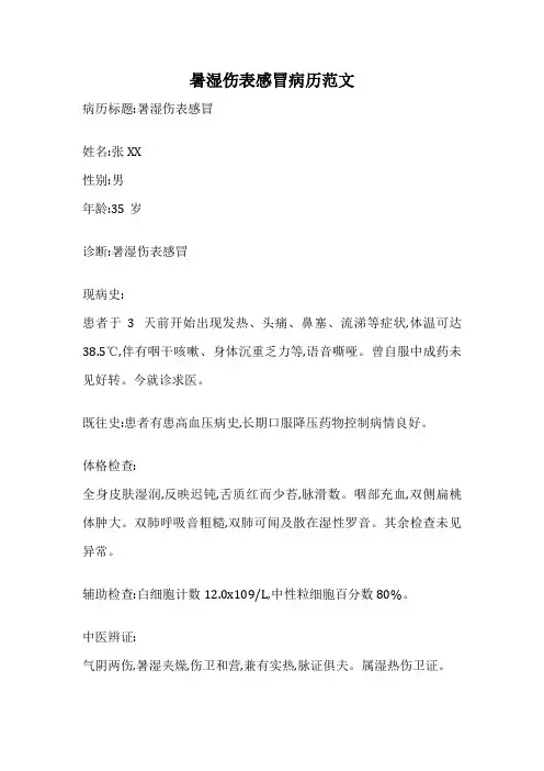 暑湿伤表感冒病历范文