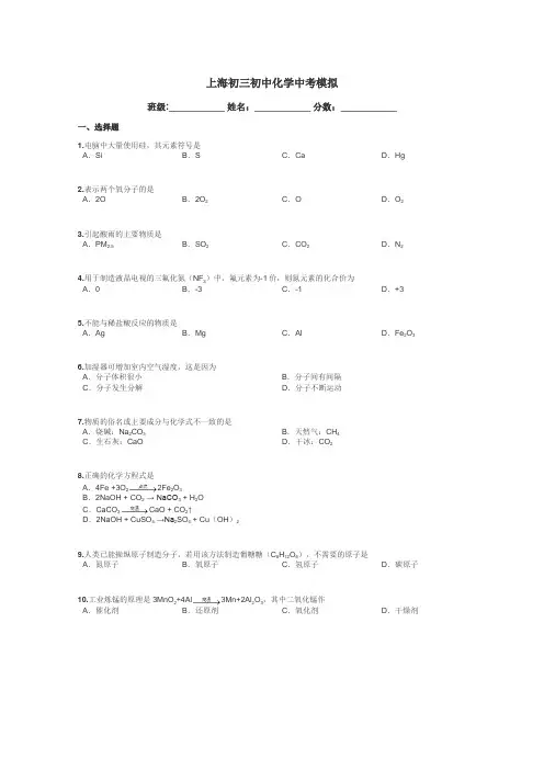 上海初三初中化学中考模拟带答案解析
