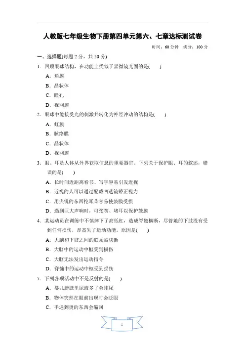 人教版七年级生物下册第四单元第六、七章达标测试卷附答案