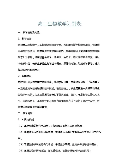 高二生物教学计划表
