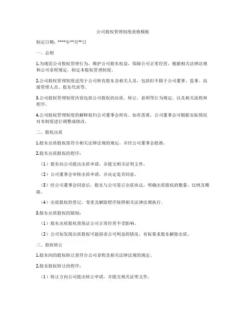 公司股权管理制度表格模板