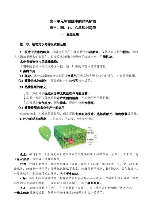 第3~6章 绿色植物的三大生理作用(单元知识清单)-七年级生物上册