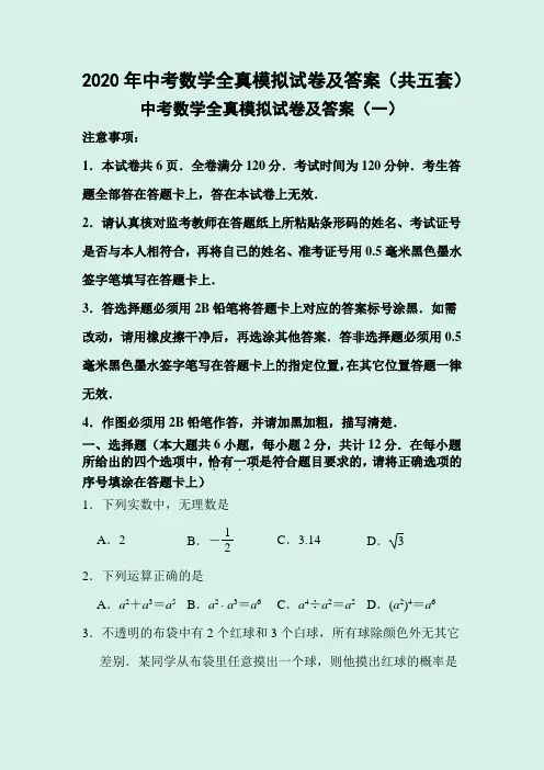 2020年中考数学全真模拟试卷及答案(共五套)
