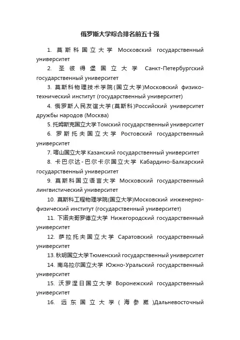 俄罗斯大学综合排名前五十强