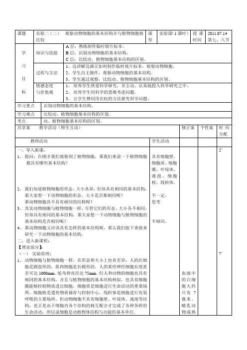 实验二(二)  动物细胞基本结构的观察并与植物细胞比较