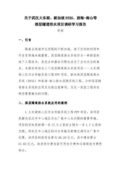 武汉大东湖、新加坡DTSS、前海-南山等深层隧道排水项目调研学习报告